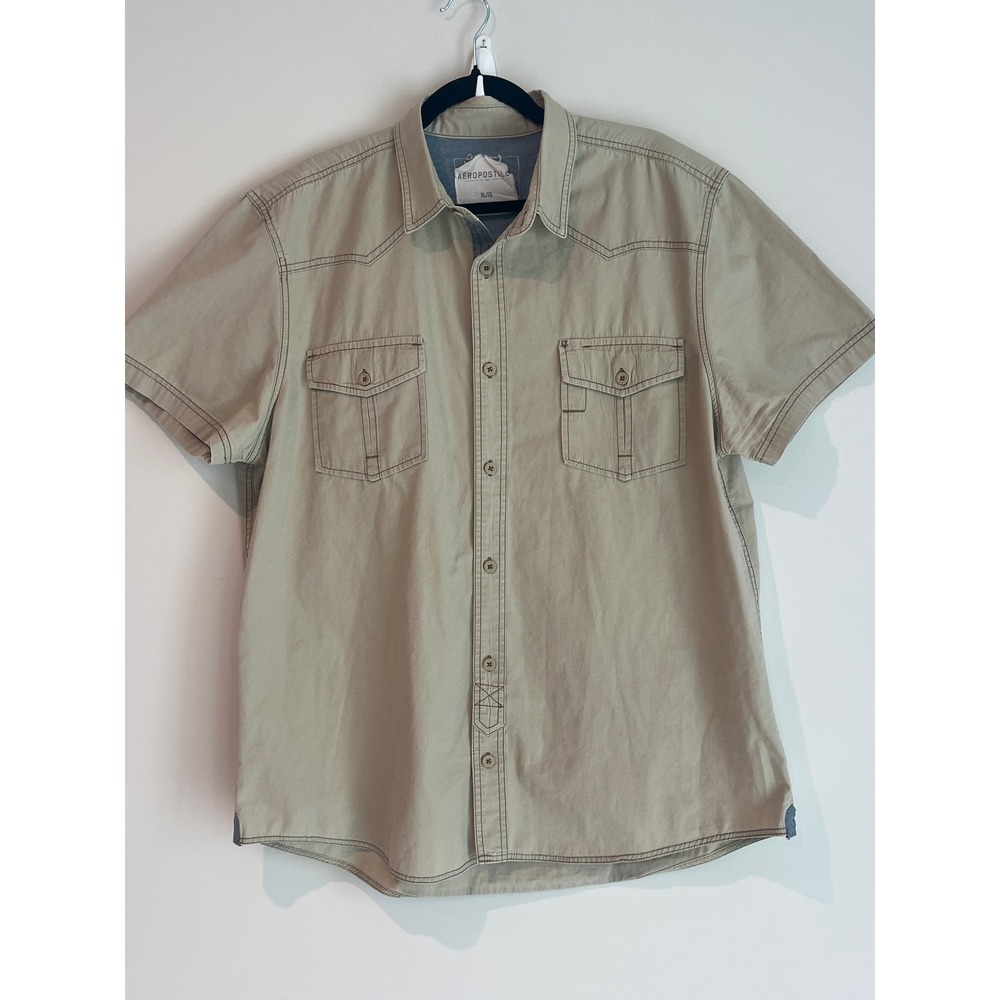 Aeropostale Mens XL Tan Khaki Short Sleeve Western Button Down Shirt Cotton